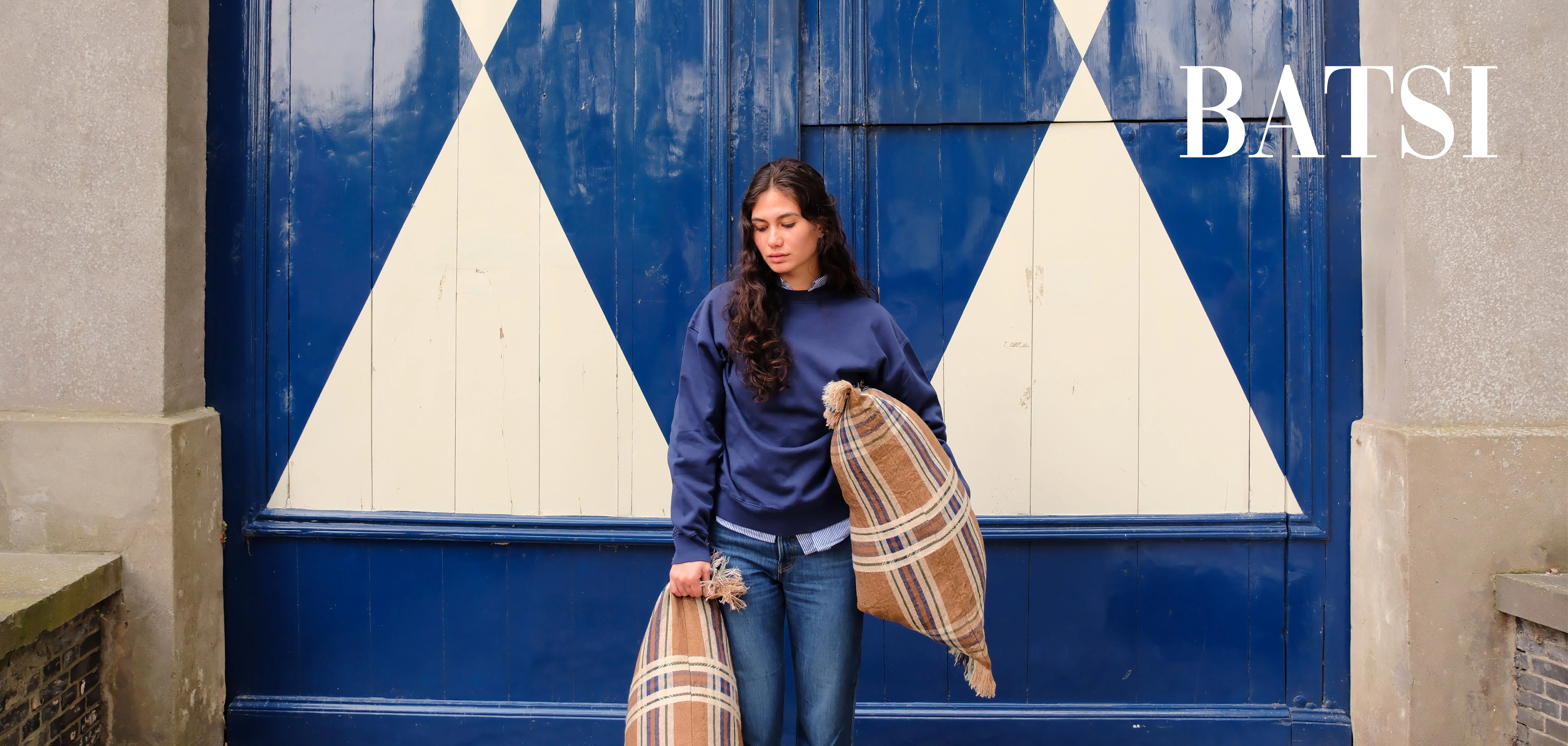Batsi from the Blue Diamond Beauty collection by Libeco Home, featuring layered Belgian linen checks in indigo, green, ginger and sienna tones.