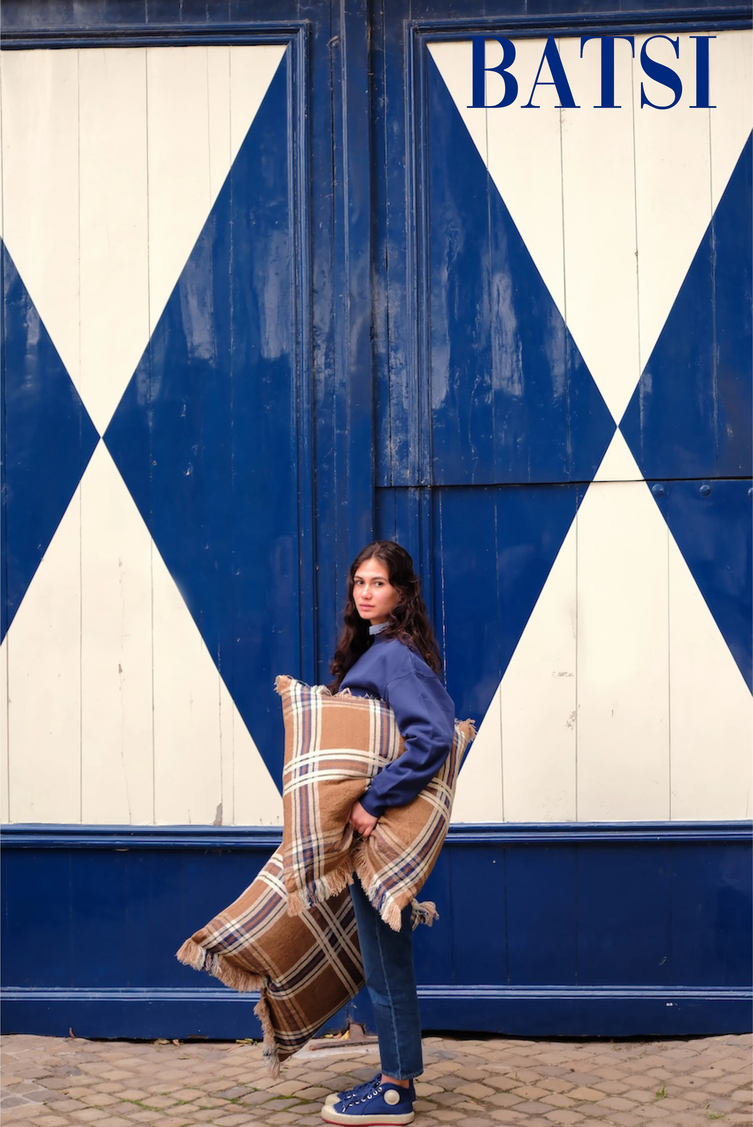 Batsi from the Blue Diamond Beauty collection by Libeco Home, featuring layered Belgian linen checks in indigo, green, ginger and sienna tones.