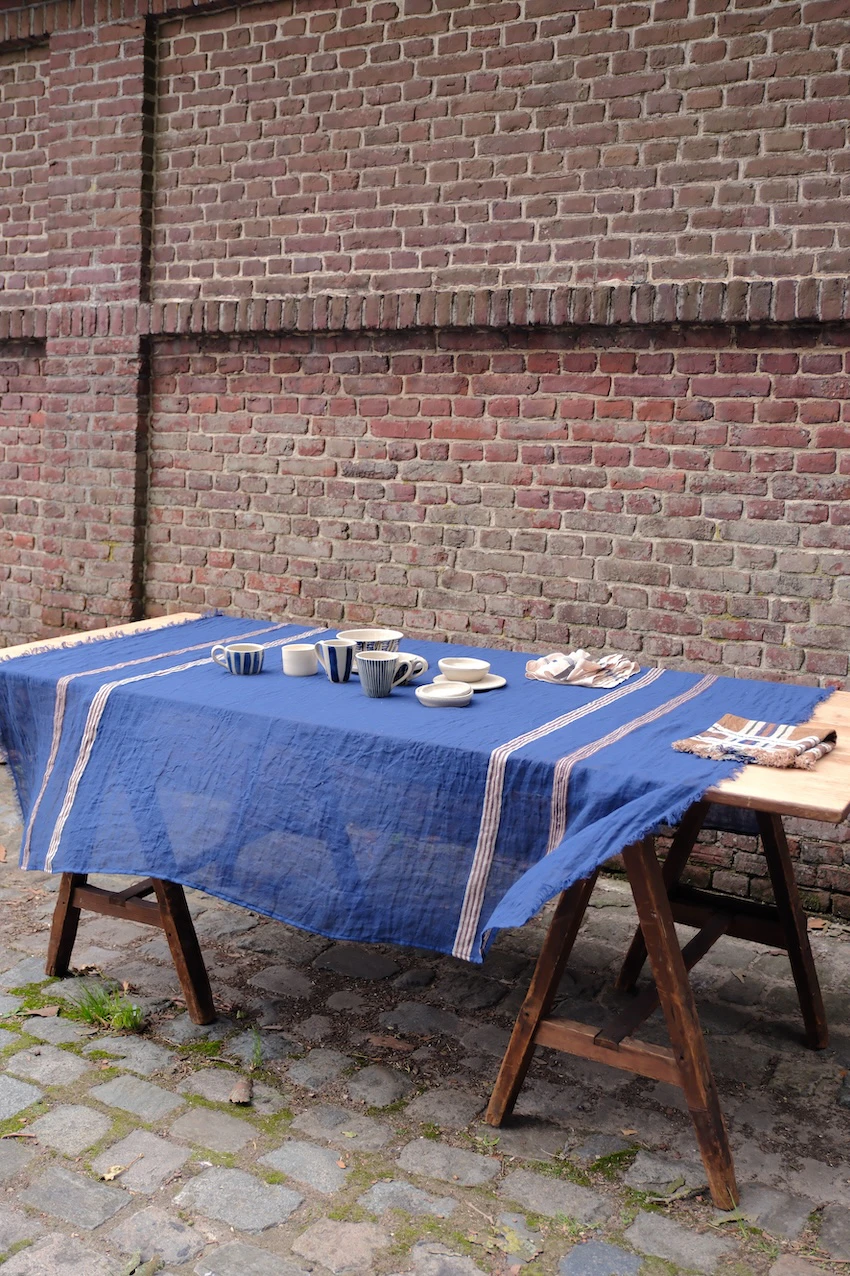 Indigo Stripe Belgian linen table linen with indigo blue stripes